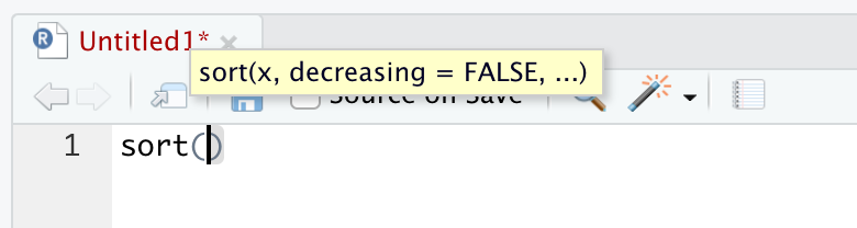 The pop-up showing the arguments of `sort()`